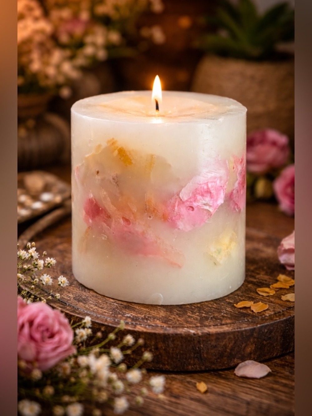 Handcrafted Real Dried Flower Petal Candle • Large Artisan Botanical Décor 🕯️